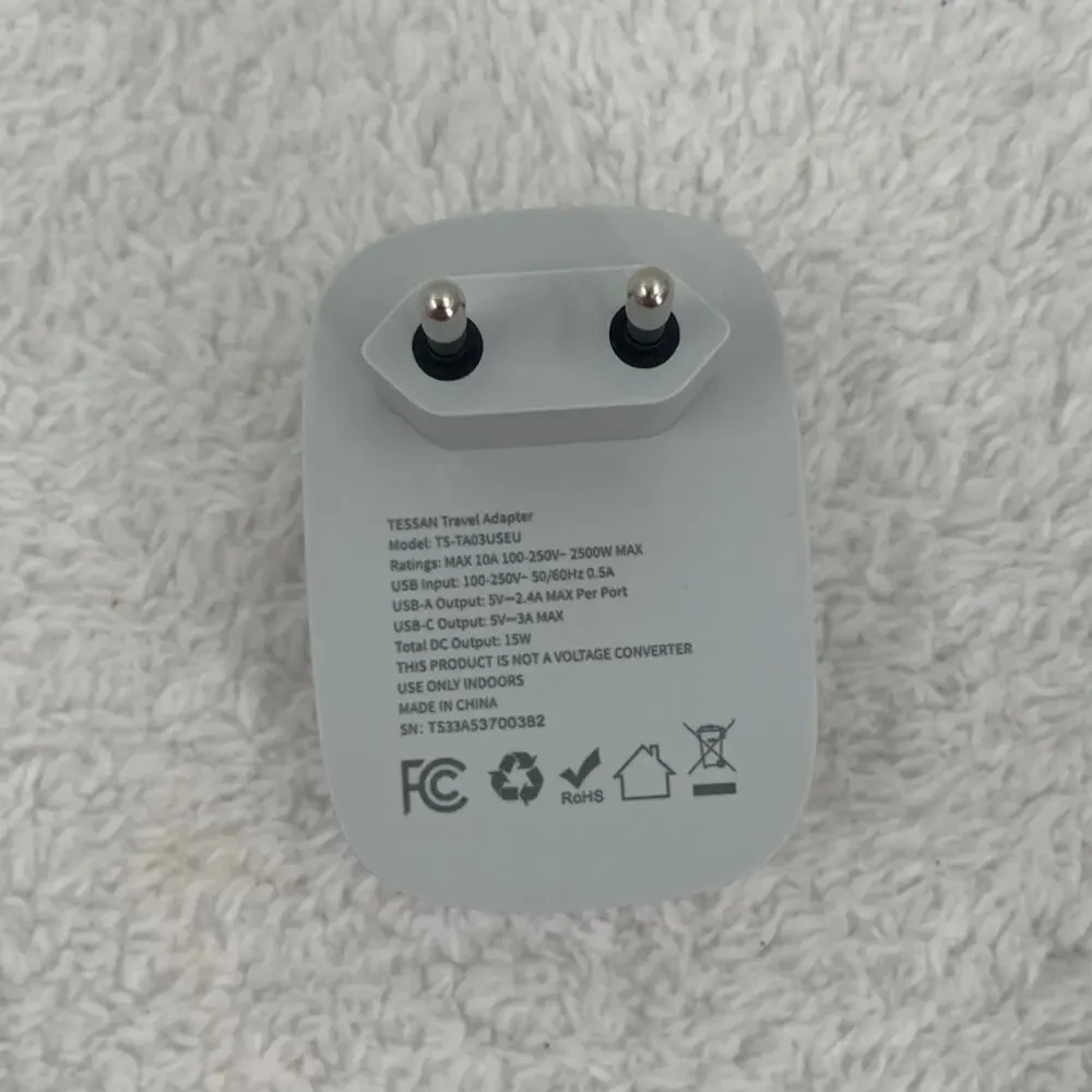 Tessan Travel Plug Adapter TS-TA03USEU 1 Outlet/2 USB/1 USB-C US to Europe